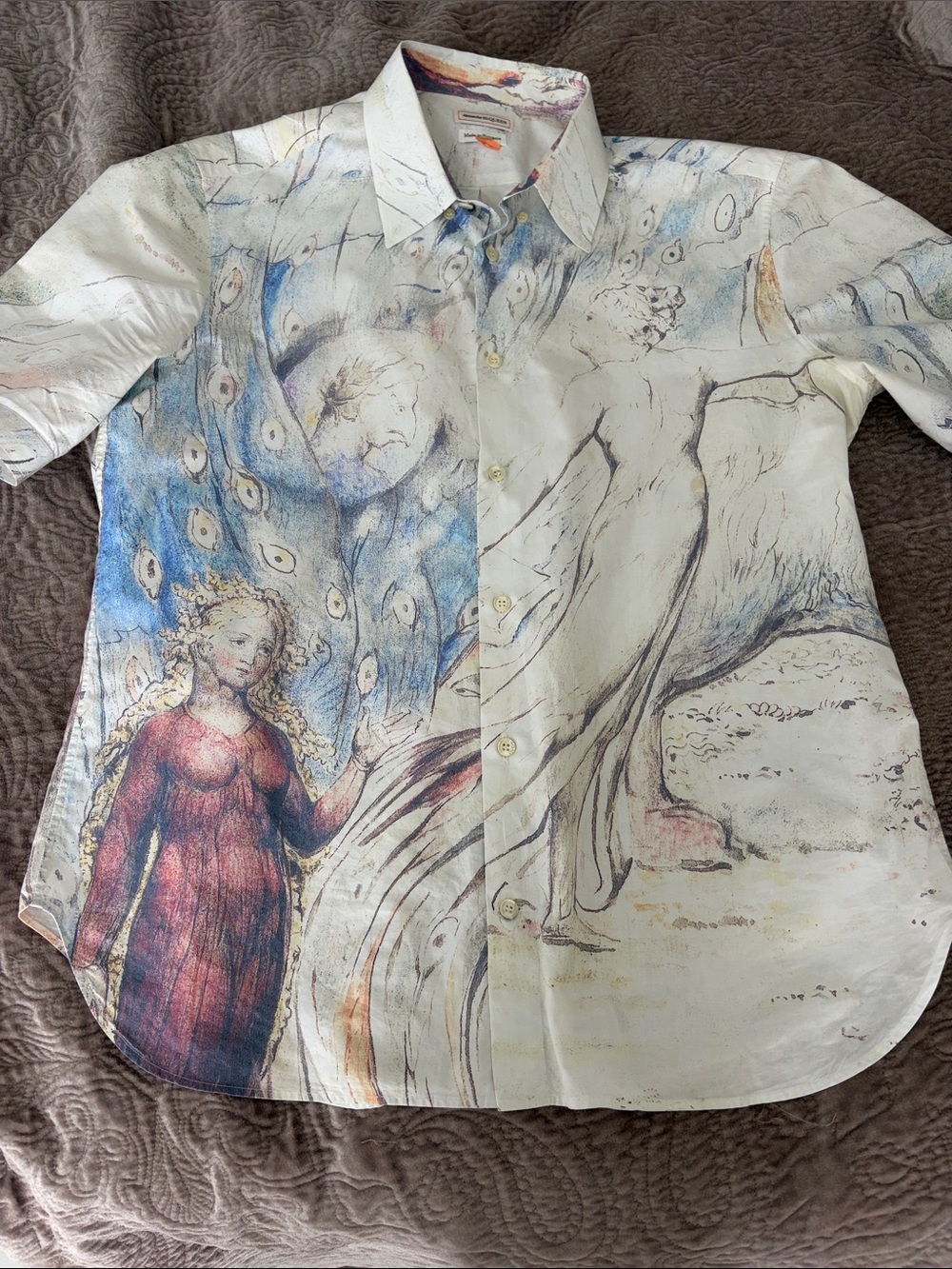Artistic White and Blue Men's Button-Up Shirt